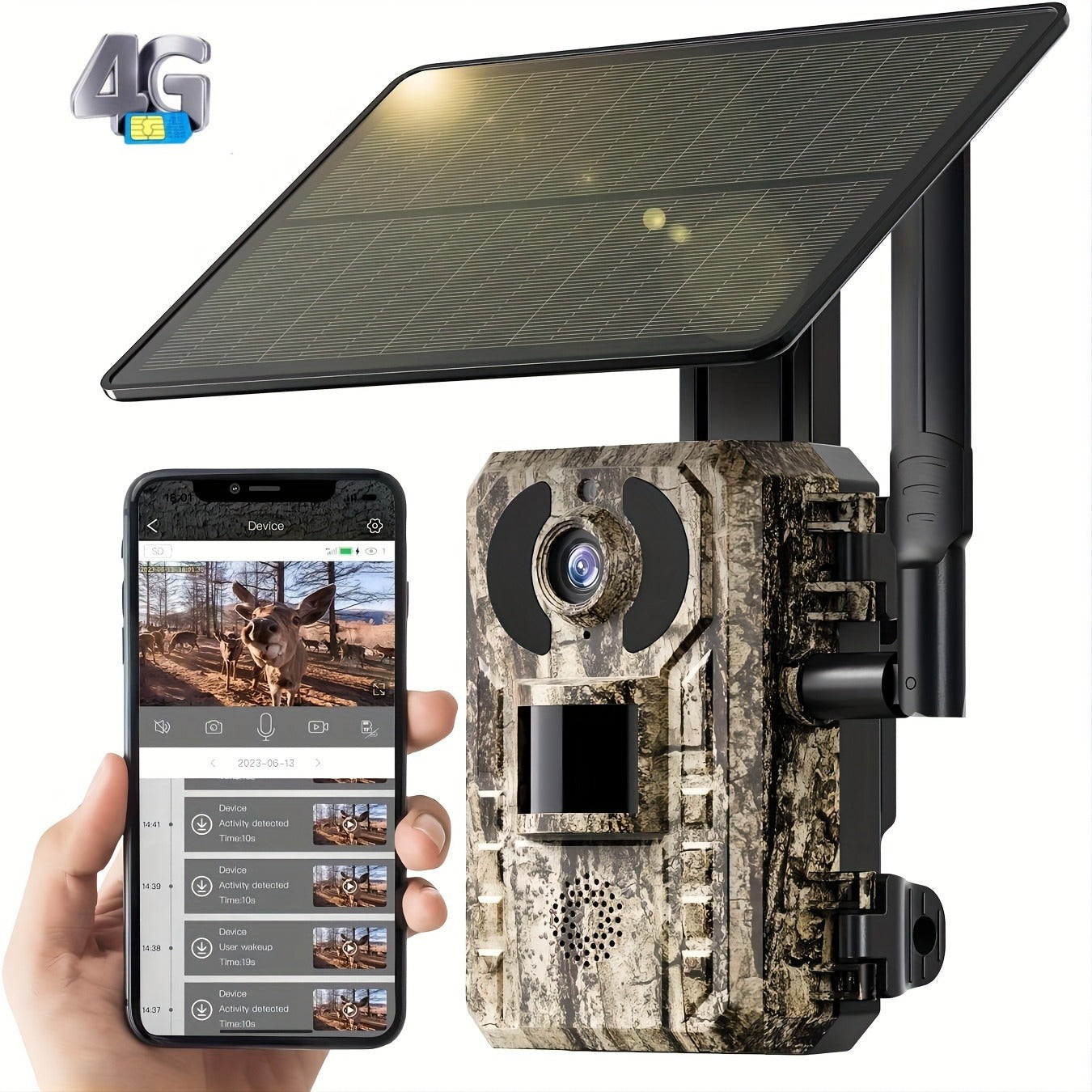 Solar Powered Trail Camera 4K Cellular - 4G LTE No WiFi, 0.2s Trigger, 82ft Night Vision, 120° Wide Angle, Built-in SIM Card for Hunting & Wildlife