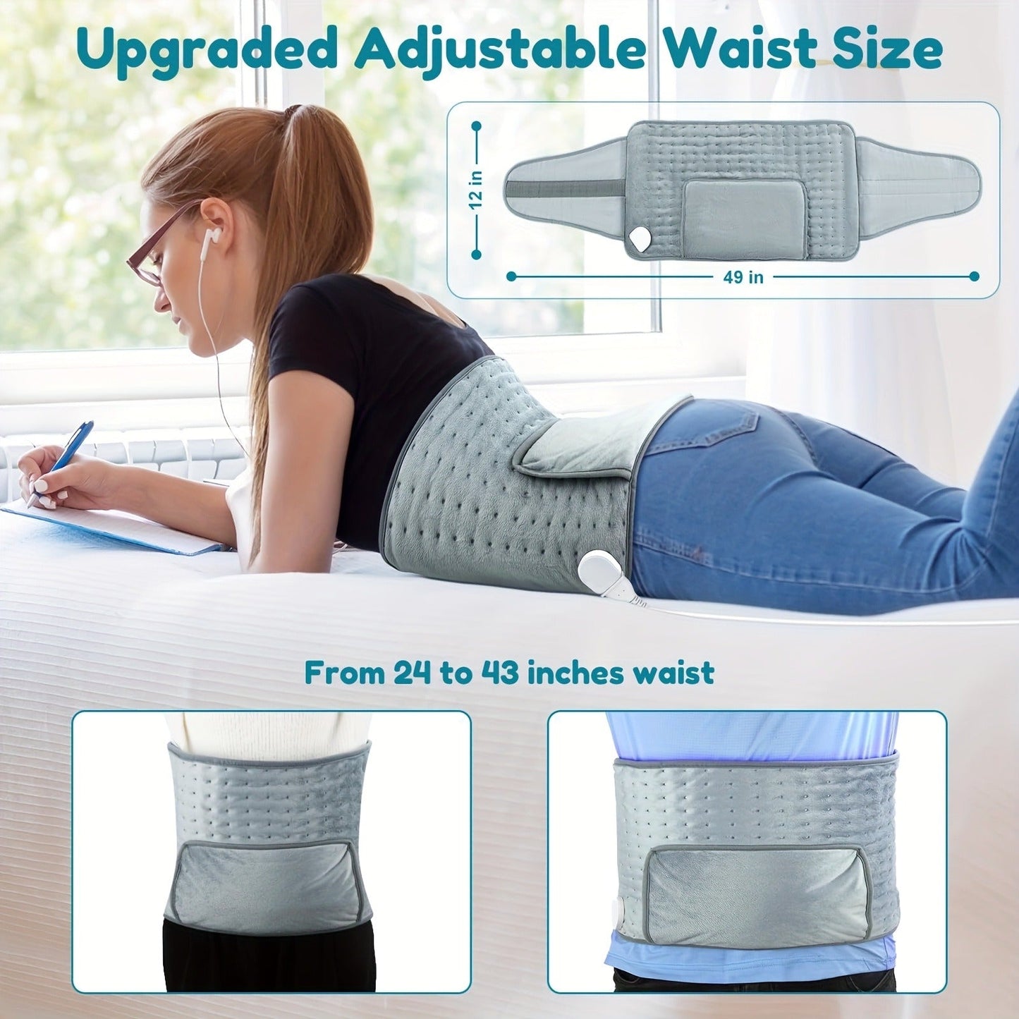 Electric Heating Belt for Back Pain Relief – 12x24 Inch Heated Waist Wrap with 6 Heating Levels, 4 Timer Settings & 6-Hour Auto Shutoff, Adjustable Fit for Men and Women