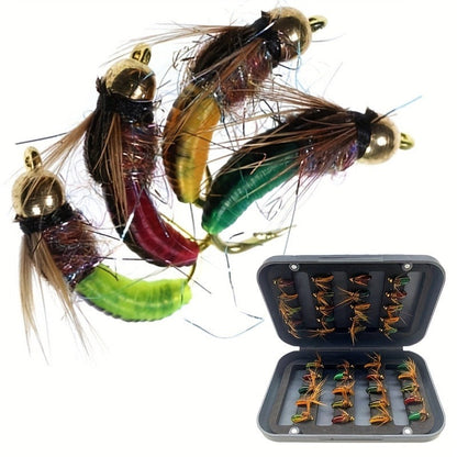 Trout Fly Fishing Flies Kit 24pcs - Brass Bead Head Caddis Nymph Lures Mixed Styles with Tackle Box, High Carbon Steel #10 Hooks for Bass Bluegill Trout Freshwater