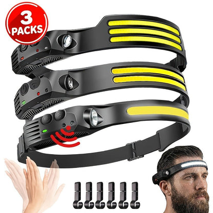 Motion Sensor COB Headlamp 3 Pack + 6 Hooks, 230° Wide Beam Rechargeable LED Head Lamp, 5 Modes COB & LED Headlamps for Adults, Hard Hat Headlight, Headband Flashlight for Camping, Work & Hiking