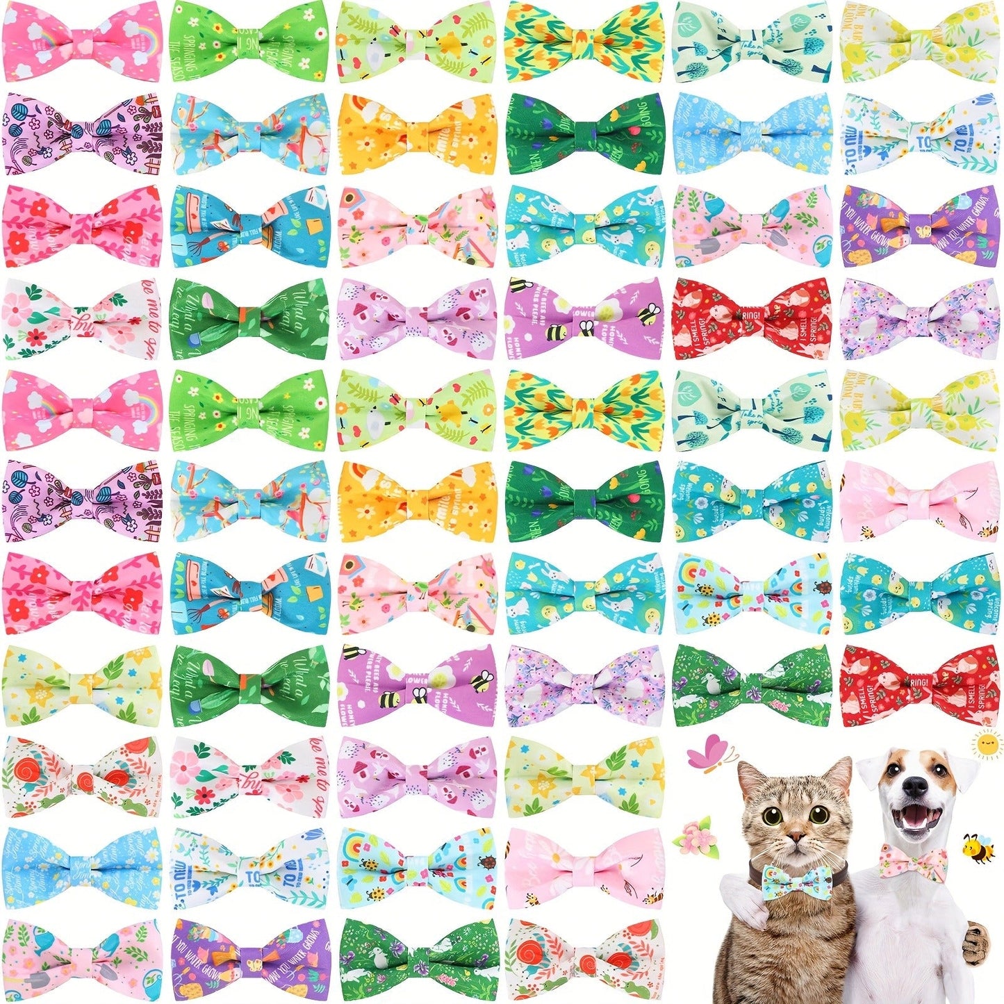 Dog Bow Ties 60-Pack Detachable Collar Charm Attachment – Seasonal Spring Puppy Bows Bulk Grooming Accessories for Small Medium Large Dogs & Cats, Pet Costume Collar Decoration Set