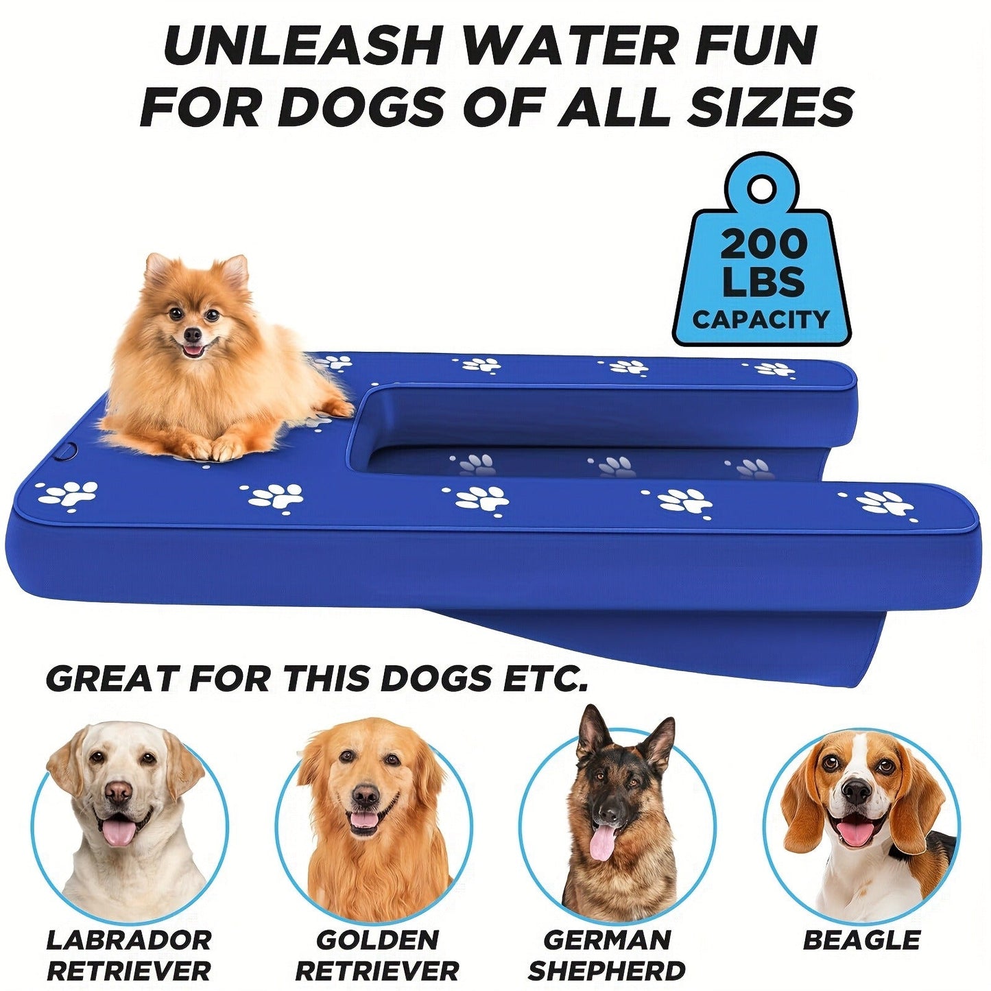 Inflatable Dog Water Ramp Floating Non-Slip – Dog Boat Ramp for Pool Dock & Lake, Oxford PVC Platform with Traction Rope & Air Pump, 4.7ft x 3ft, Safe Water Entry for Dogs