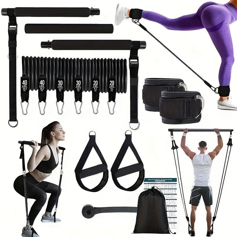 Pilates Bar Kit 14pcs with Resistance Bands & Tension Belt – Multifunctional Fitness Pedal Puller Stick for Home Yoga Stretch Training, Full Body Workout Equipment for Women Men