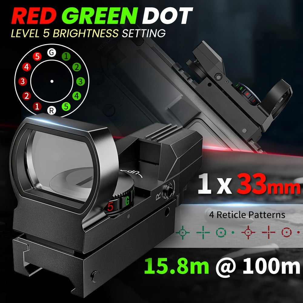 Red Green Dot Sight 33mm with 4 Reticle Modes – Dual Illuminated Rifle Scope, 1x Magnification, 1 MOA Adjustment, Parallax-Free Rail Mount Optic for Hunting, Target Shooting & Tactical Use on Rifles Shotguns Carbines