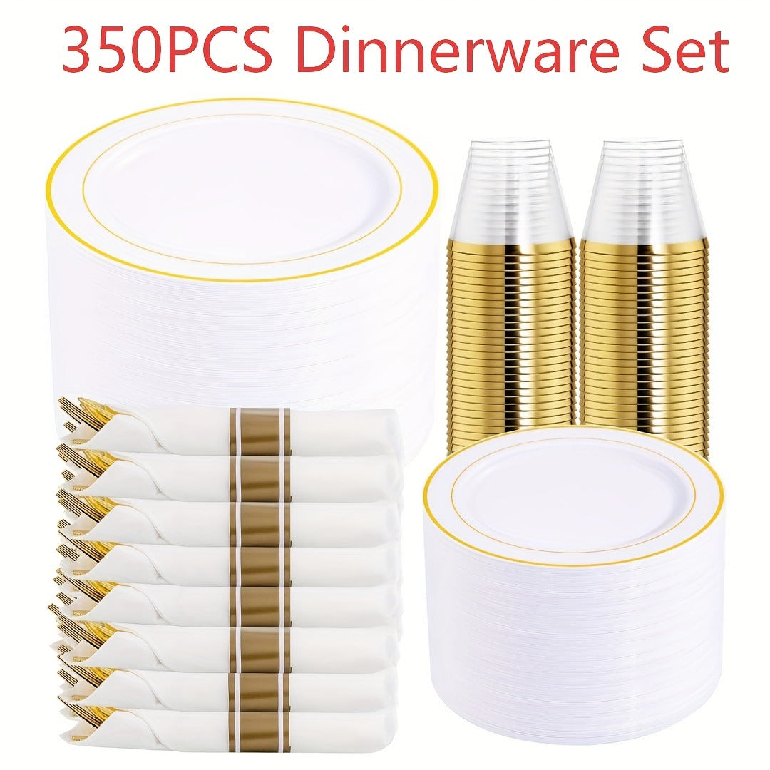 Gold Plastic Plates Disposable Dinnerware Set 350pcs – 50 Dinner Plates, 50 Dessert Plates, 50 Gold Rim 9oz Cups & 50 Gold Cutlery Sets | Elegant Party Tableware for Wedding, Birthday & Holiday Events