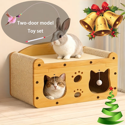 Large Cat House with Scratcher Pad & Plush Ball Toys, Ventilated Multi-Functional Indoor Outdoor Cat Shelter, Easy Assembly Single Door Double Door Luxury Double-Layer Cat Condo, Festival Gift