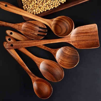 Teak Wood Kitchen Utensil Set 3 Piece Solid Wood Cooking Spoon Rice Spoon High Temperature Resistant Non-Stick Pan Safe Wooden Cooking Utensils Polished Finish Household Kitchen Tools