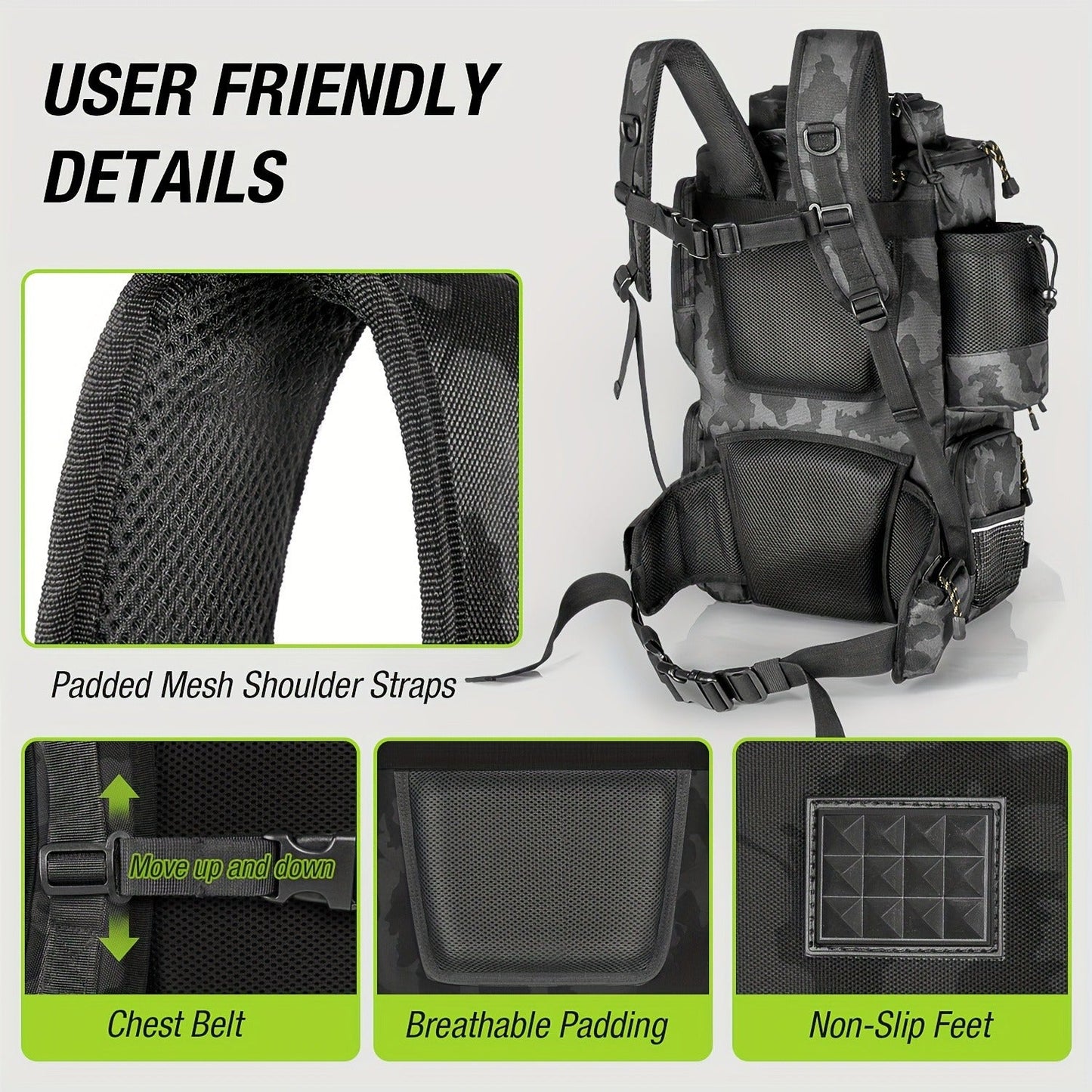 Large Fishing Tackle Bag with 4 Tackle Boxes – 43L Backpack with Rod Holder, Detachable Waist Pack & Gear Storage for Men Women | Black, Khaki & Camo