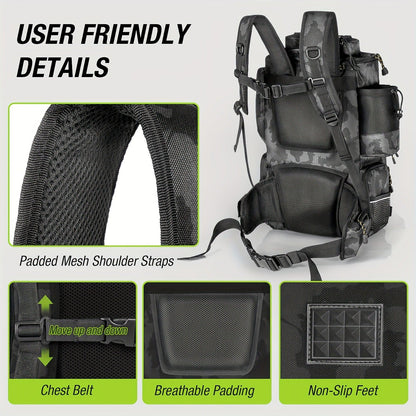 Large Fishing Tackle Bag with 4 Tackle Boxes – 43L Backpack with Rod Holder, Detachable Waist Pack & Gear Storage for Men Women | Black, Khaki & Camo