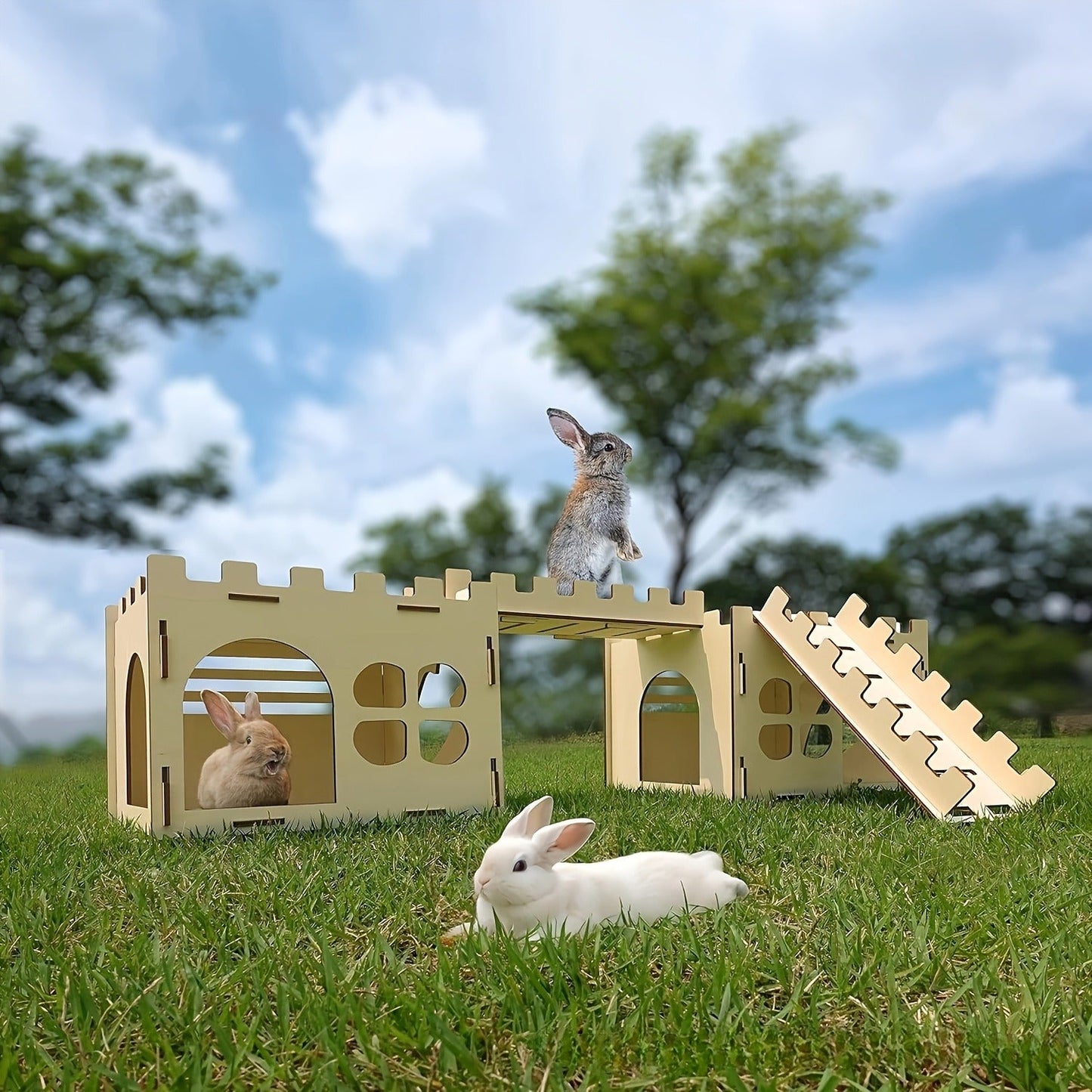 Wooden Rabbit Castle House – Detachable Solid Wood Hideout for Rabbits, Hamsters & Small Pets | Creative Splicing Toy Nest Playhouse