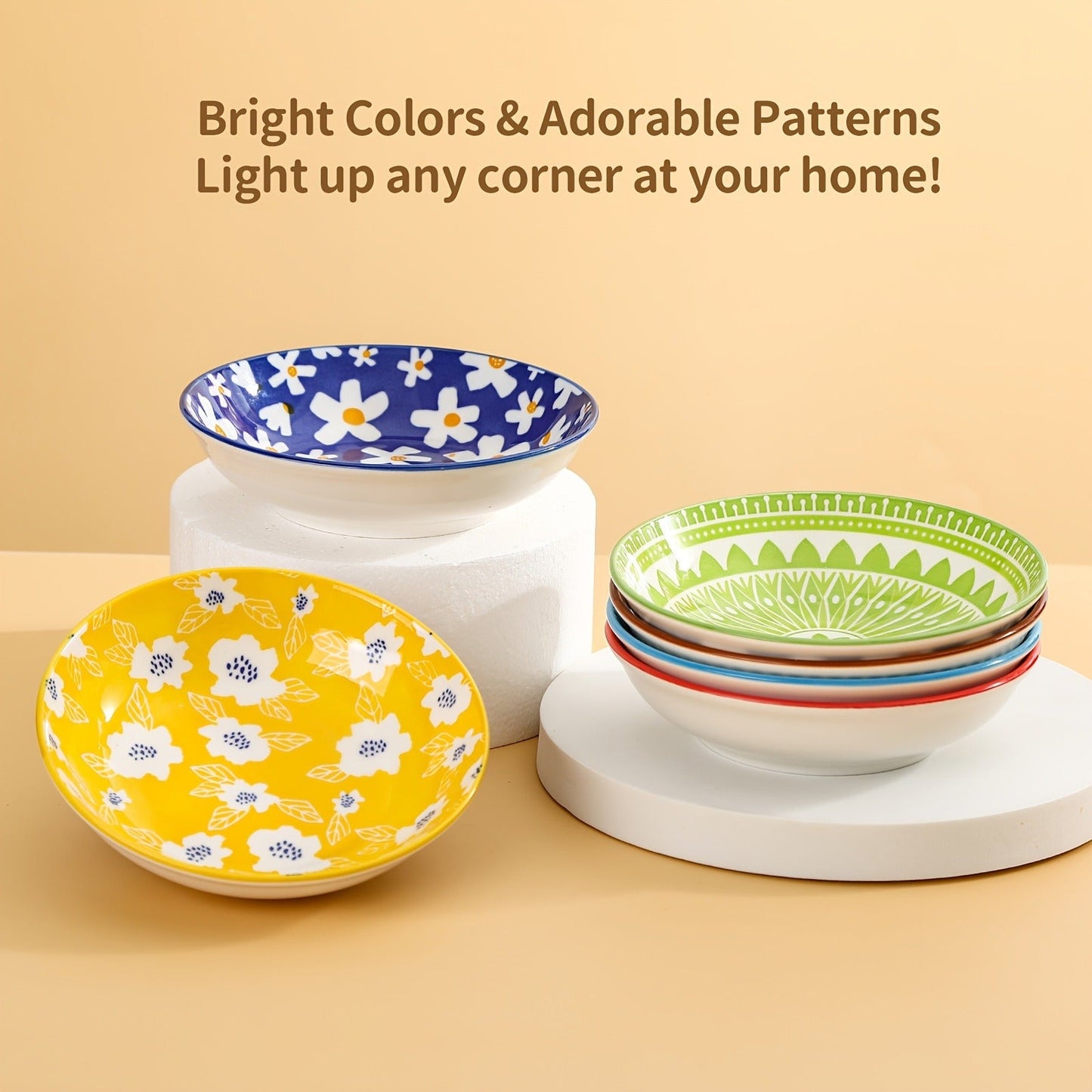 Ceramic Cat Bowls Set of 6 – Shallow Wide Cat Food Plate Whisker Friendly with Non-Slip Mat, Fairy Tales Colorful Design, 5.75" Microwave & Dishwasher Safe Cat Dish 8.5oz