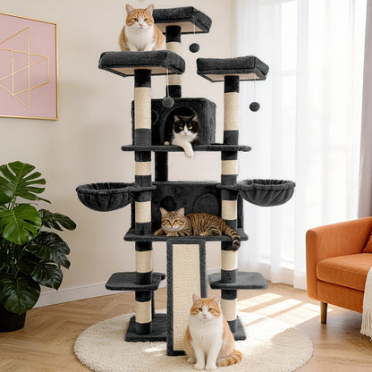 Large Multi-Level Cat Tree Tower – 68–81 Inch Tall Cat Condo with 2 Condos, 3 Plush Perches, Scratching Posts & Cat Hair Brush