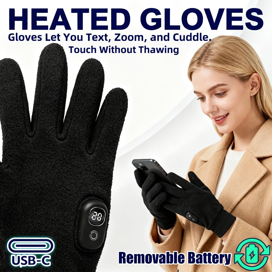 Electric Heated Gloves Half Finger – Digital Battery Display, 3 Heat Settings, 5H Runtime, USB-C Fast Charging for Skiing Cycling Fishing Hiking Winter