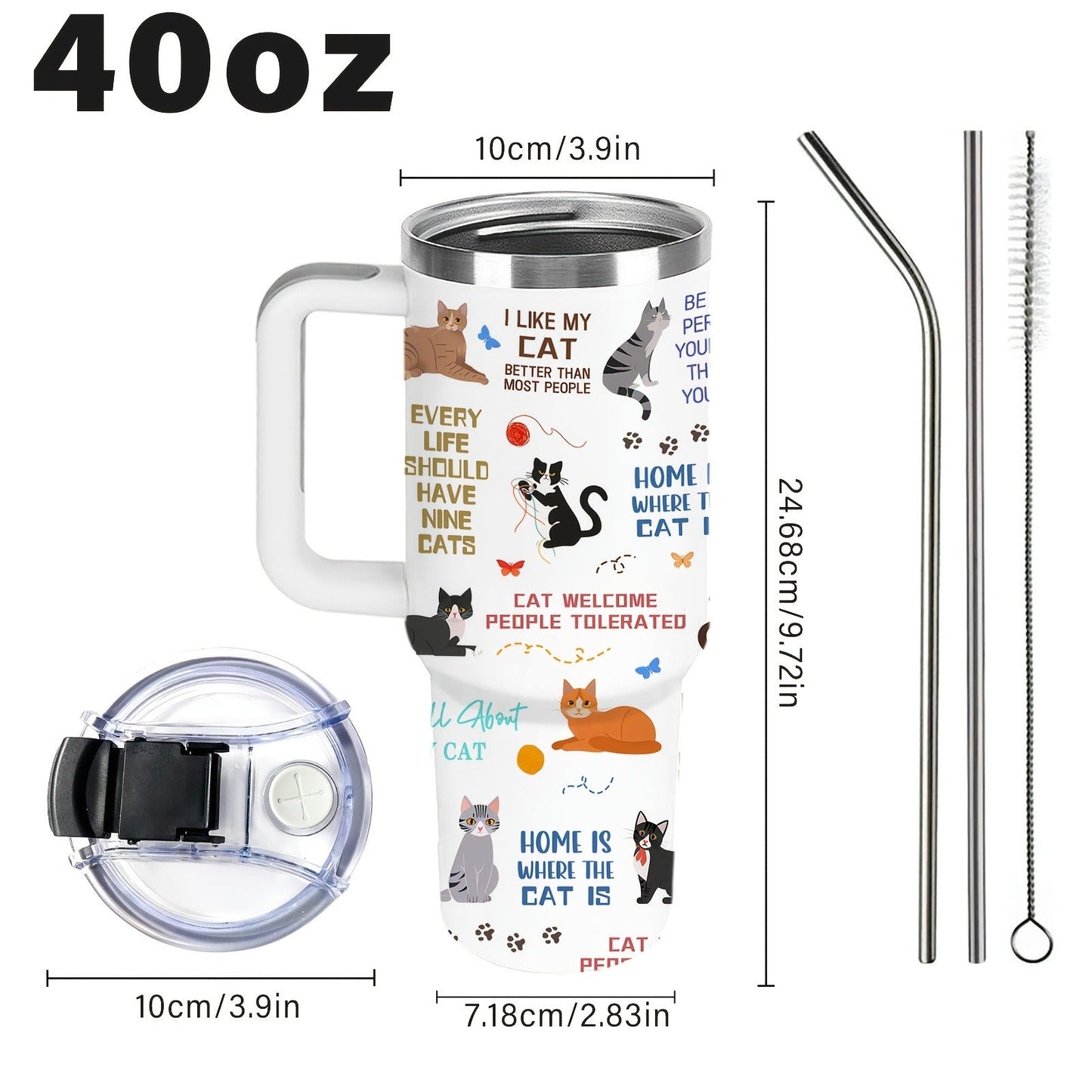 Cat Tumbler 40oz with Lid & Straw – 304 Stainless Steel Insulated Cat Lover Gift Cup for Women, Girls & Adults, Ideal for Outdoor Sports, Camping & Daily Use