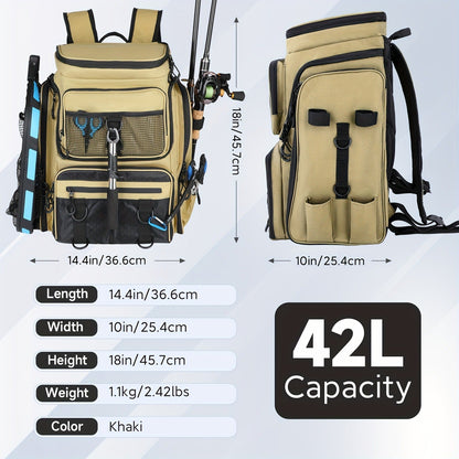 Waterproof Fishing Rod Backpack 42L – Built-In Rod Tube, 16 Pockets & Insulated Cooler Option | Black, Camo, Khaki, Gray