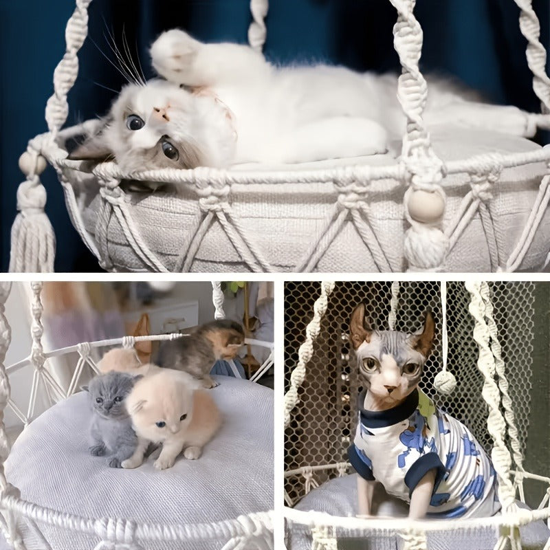 Hand-Woven Rope Cat Hammock & Swing Bed – Indoor Cat Nest Basket for 1-2 Cats, 11.81" & 15.75" Diameter