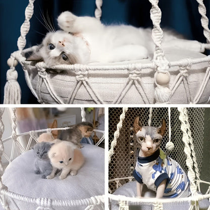 Hand-Woven Rope Cat Hammock & Swing Bed – Indoor Cat Nest Basket for 1-2 Cats, 11.81" & 15.75" Diameter