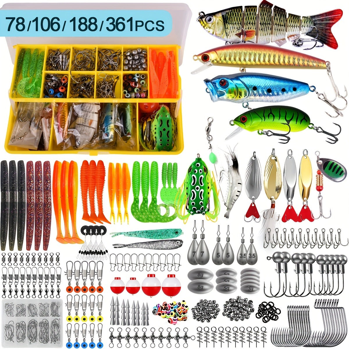 Fishing Lures Kit 78/106/188/361pcs Complete Freshwater Tackle Set with Spoon Lures Soft Plastic Worms Crankbaits Jig Hooks Tackle Box for Bass Trout Salmon Beginners and Experienced Anglers