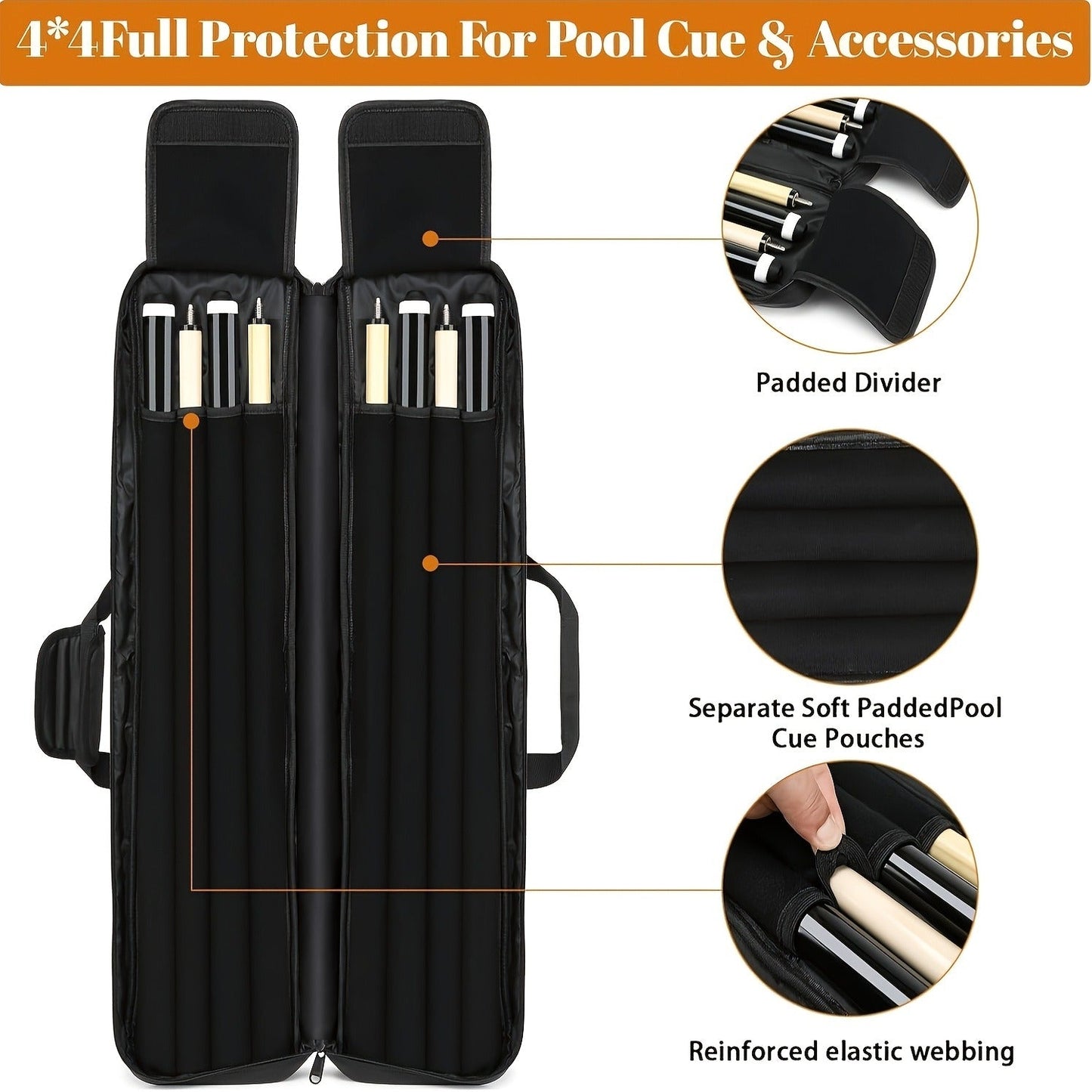 Pool Cue Case 4x4 – Billiard Cue Bag Holds 4 Butts & 4 Shafts, Hidden Backpack Strap, Large Front Accessory Pockets – Durable Pool Stick Carrying Case for Home, Club & Tournament