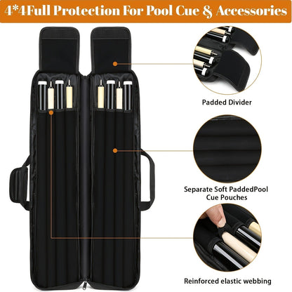 Pool Cue Case 4x4 – Billiard Cue Bag Holds 4 Butts & 4 Shafts, Hidden Backpack Strap, Large Front Accessory Pockets – Durable Pool Stick Carrying Case for Home, Club & Tournament