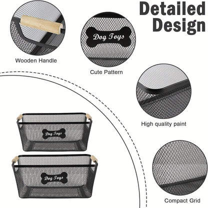 Metal Dog Toy Storage Basket Set with Wooden Handles – 2-Pack Mesh Wire Organizer Bin for Dog Toys, Collars, Blankets & Accessories