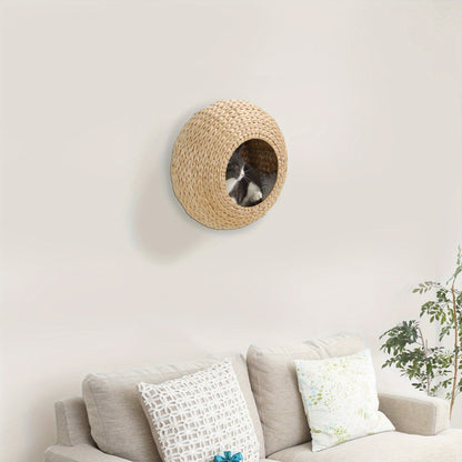 Cat Wall Furniture Wall Mounted Cat Condo – Natural Wood Cat Wall Shelf with Washable Cushion, Space-Saving Indoor Cat Perch for Cats & Kittens, Modern Home Decor Cat Climbing Shelf
