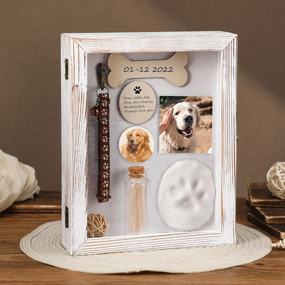 Pet Memorial Shadow Box 8x10 Wood Frame Display Case with Paw Print Kit Small Bottle & Pins, Dog Cat Urn Ashes Keepsake Box for Loss Pet Remembrance Memory Gift, 1 Set