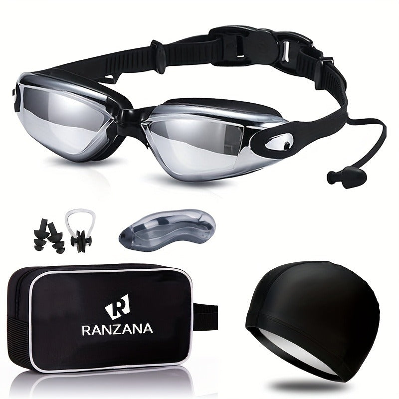 Anti-Fog Racing Swim Goggles Set 6-in-1 - HD UV Protection Silver Coated PC Lens, Waterproof PU Swim Cap, Nose Clip, Earplugs, Goggle Case & Storage Bag for Adult Men Women Pool Training Competition