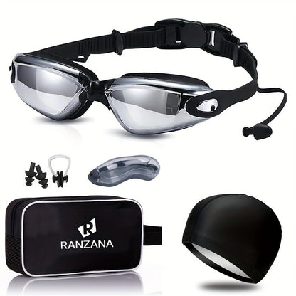 Anti-Fog Racing Swim Goggles Set 6-in-1 - HD UV Protection Silver Coated PC Lens, Waterproof PU Swim Cap, Nose Clip, Earplugs, Goggle Case & Storage Bag for Adult Men Women Pool Training Competition