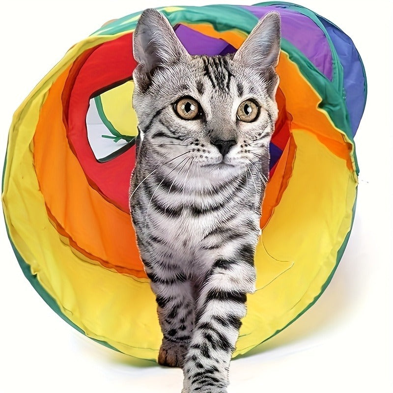 Collapsible Cat Tunnel Toy - Foldable S-Shaped & 3-Way Tube with Ball & Peek Holes, Rainbow Colors, Connectable Cat Play Tunnel for Indoor Cats & Kittens, 1pc or 2-Pack Bundle