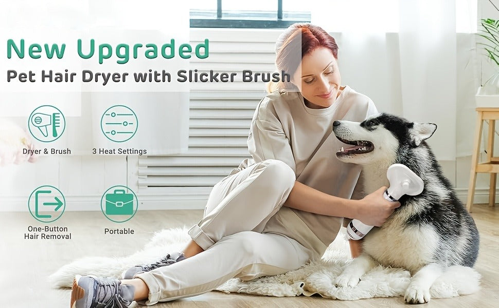 Pet Hair Dryer 2-in-1 with Self-Cleaning Slicker Brush – Portable Dog Blow Dryer for Dogs & Cats, 3 Temperature Settings, Low Noise, Fast Drying Grooming Tool for Home Use