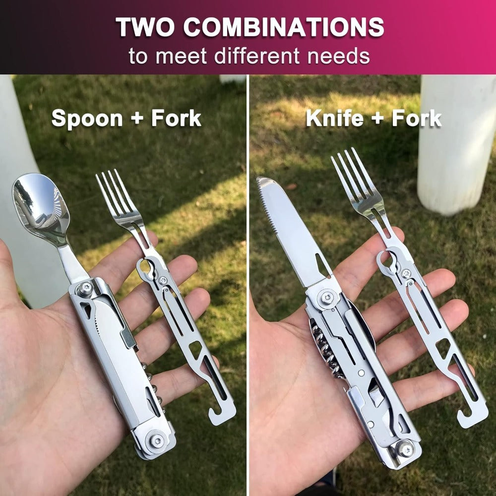 Portable Travel Cutlery Set – Removable Spoon, Fork & Knife with Bottle Opener – Compact Stainless Steel Utensils for Camping, Hiking, Picnic & Everyday Carry, Silver