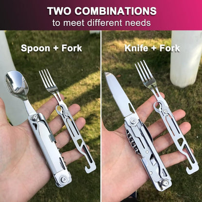 Portable Travel Cutlery Set – Removable Spoon, Fork & Knife with Bottle Opener – Compact Stainless Steel Utensils for Camping, Hiking, Picnic & Everyday Carry, Silver