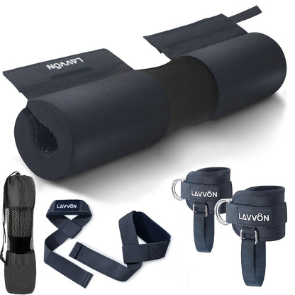 Barbell Squat Pad Set with Wrist Straps & Ankle Straps – Thick Anti-Slip Foam Bar Pad for Hip Thrusts, Squats & Lunges, Weightlifting Neck Cushion for Men Women
