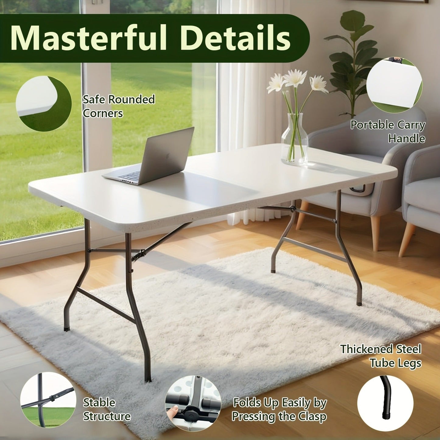 Foldable Outdoor Dining and Utility Table 4ft 6ft Multi-Purpose Folding Desk for Camping Backyard Weddings Living Room Card Games Study Home Office