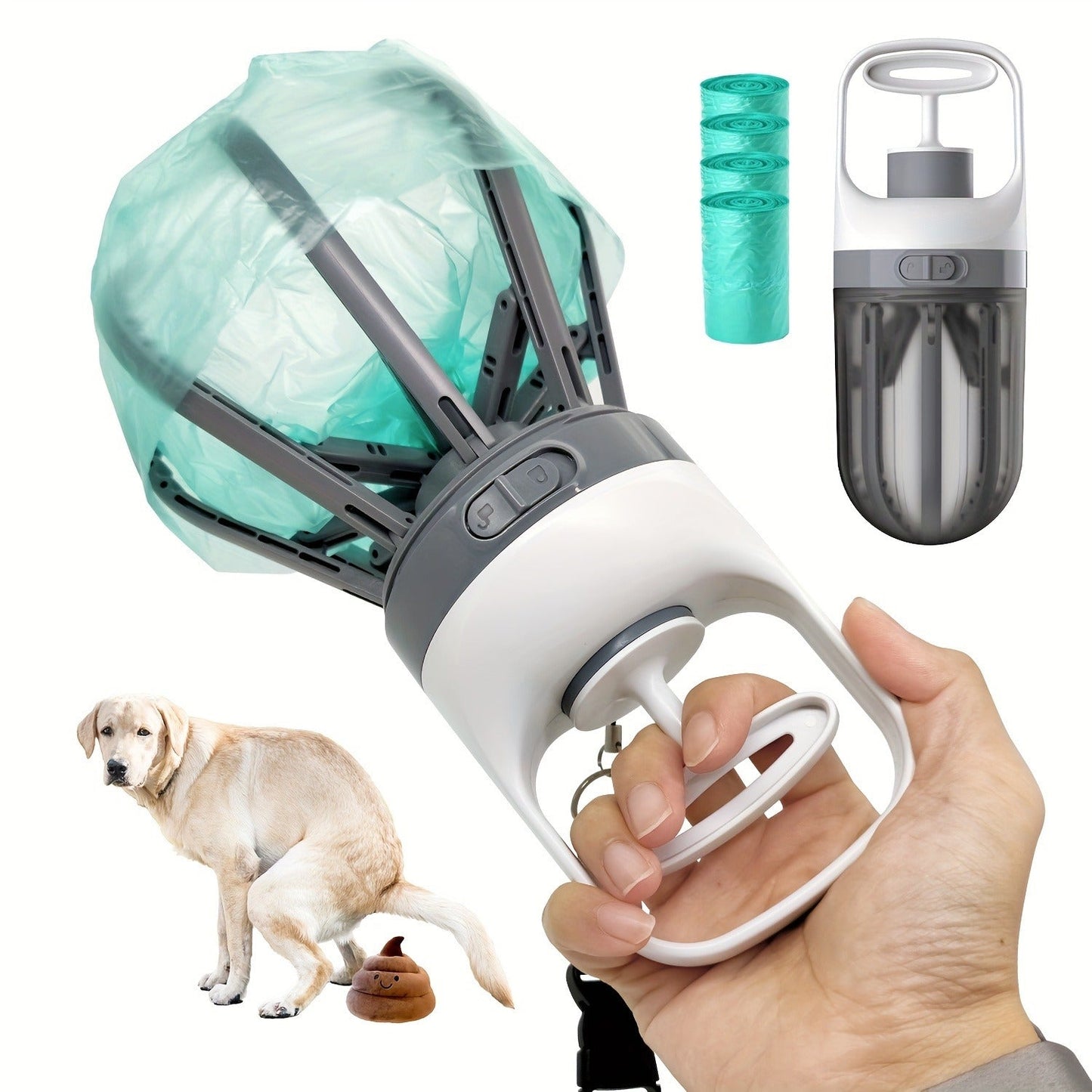 Dog Pooper Scooper No-Touch 2-in-1 with 75 Waste Bags & Wide Claw Attachment – Portable Hands-Free Hygienic Waste Pick-Up System for Small Medium Large Dogs, Parks & Lawn Use