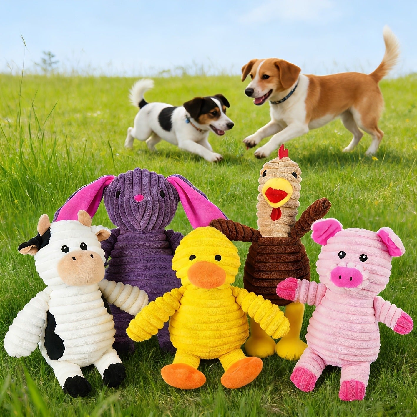 Squeaky Plush Dog Toys Pack of 5 - Stuffed Animal Dog Toy Bundle with Embroidered Safety Eyes, Washable Soft Chew Toys for Small Medium Large Dogs, Cute Puppy Gift Set - Pig Frog Elephant Chicken Fox