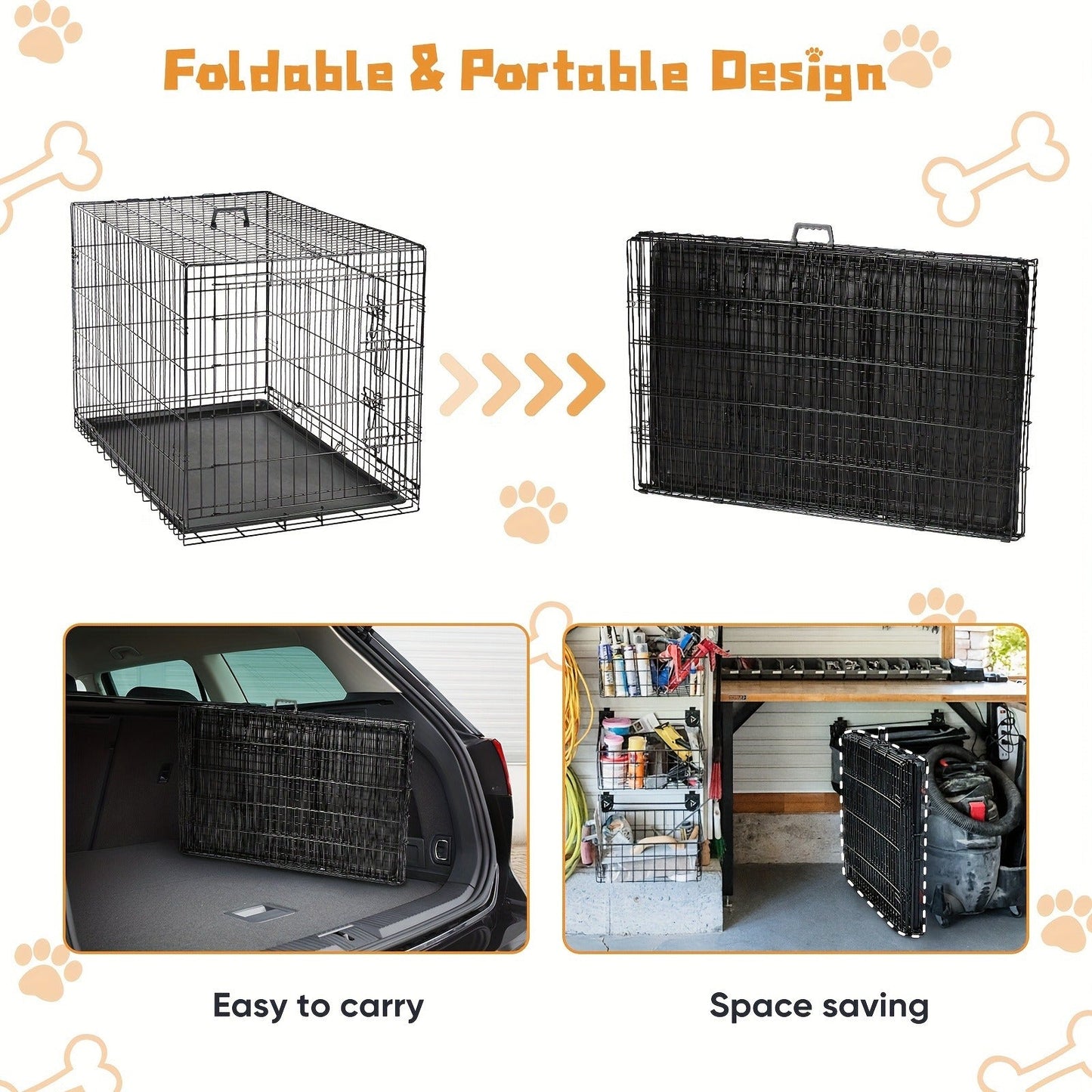 Dog Crate with Divider Panel & Double Door - Folding Metal Wire Dog Cage with Leak-Proof Tray, Indoor Outdoor Travel Pet Kennel for Small Medium Large Dogs, 5 Sizes