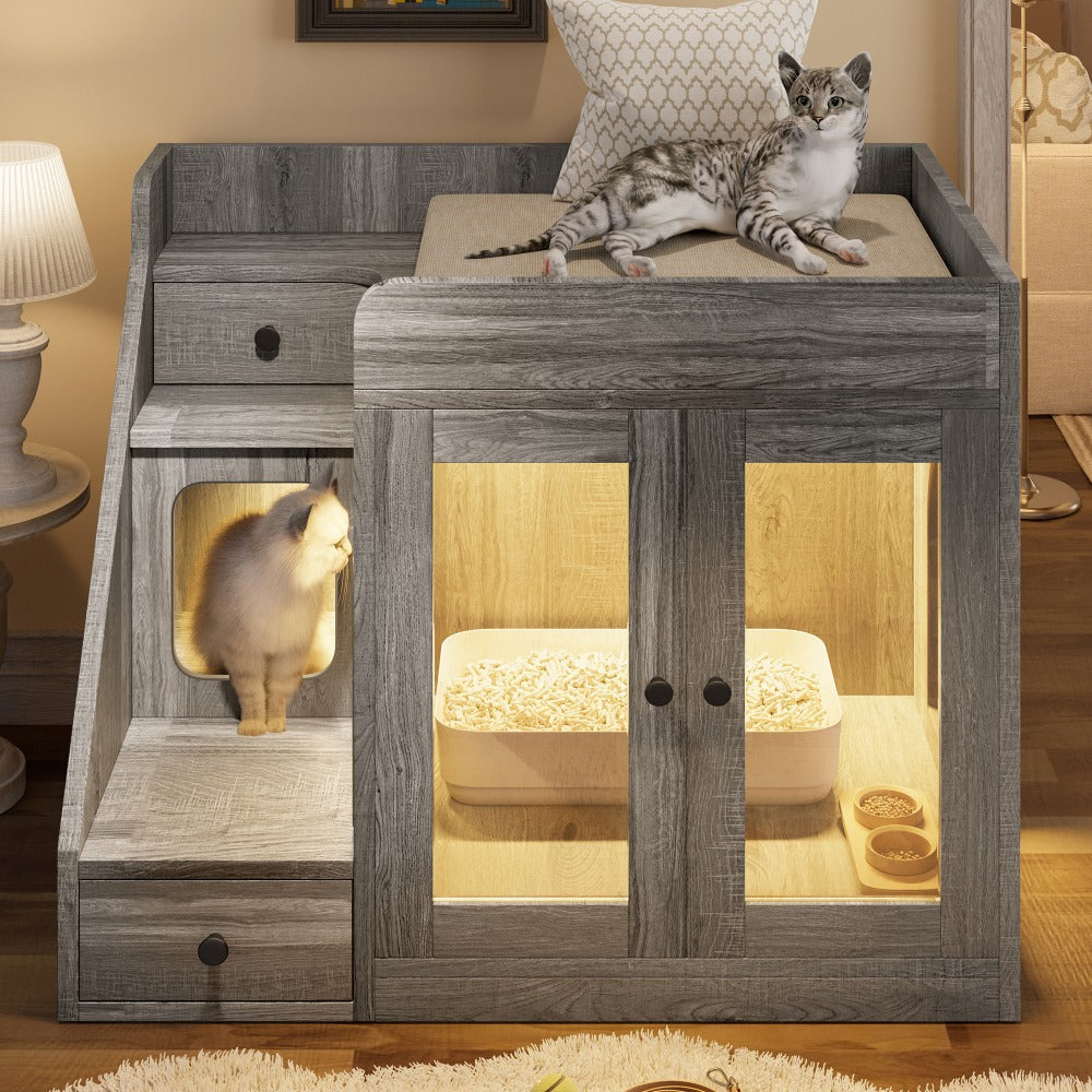 Cat Litter Box Enclosure Furniture Hidden Cabinet with LED Light & 2 Drawers – MDF Indoor Cat House Side Table with Acrylic Door, Stair Steps & 110 lb Capacity, Gray White Black
