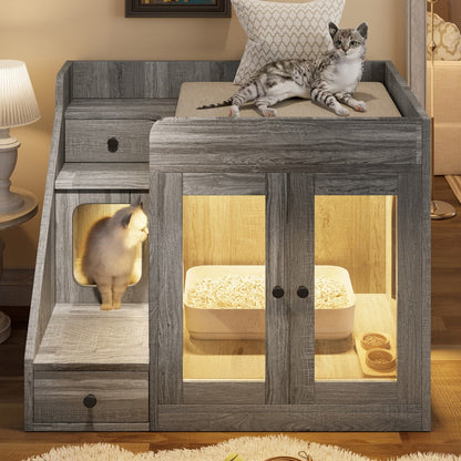 Cat Litter Box Enclosure Furniture Hidden Cabinet with LED Light & 2 Drawers – MDF Indoor Cat House Side Table with Acrylic Door, Stair Steps & 110 lb Capacity, Gray White Black