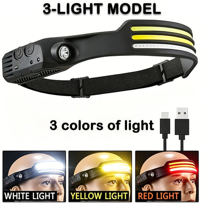 COB LED Headlamp 2 Pack 230° Wide Beam Motion Sensor Rechargeable Head Torch for Hiking Running Fishing Camping Hard Hat
