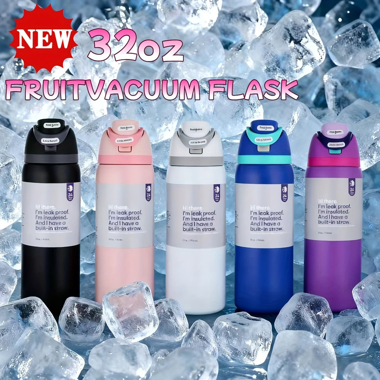 32oz Insulated Water Bottle with Straw - 304 Stainless Steel Vacuum Flask Keeps Cold 24H Hot 12H, Large Capacity Leak-Proof Sports Bottle for Gym, Camping, Office & Outdoor Adventures