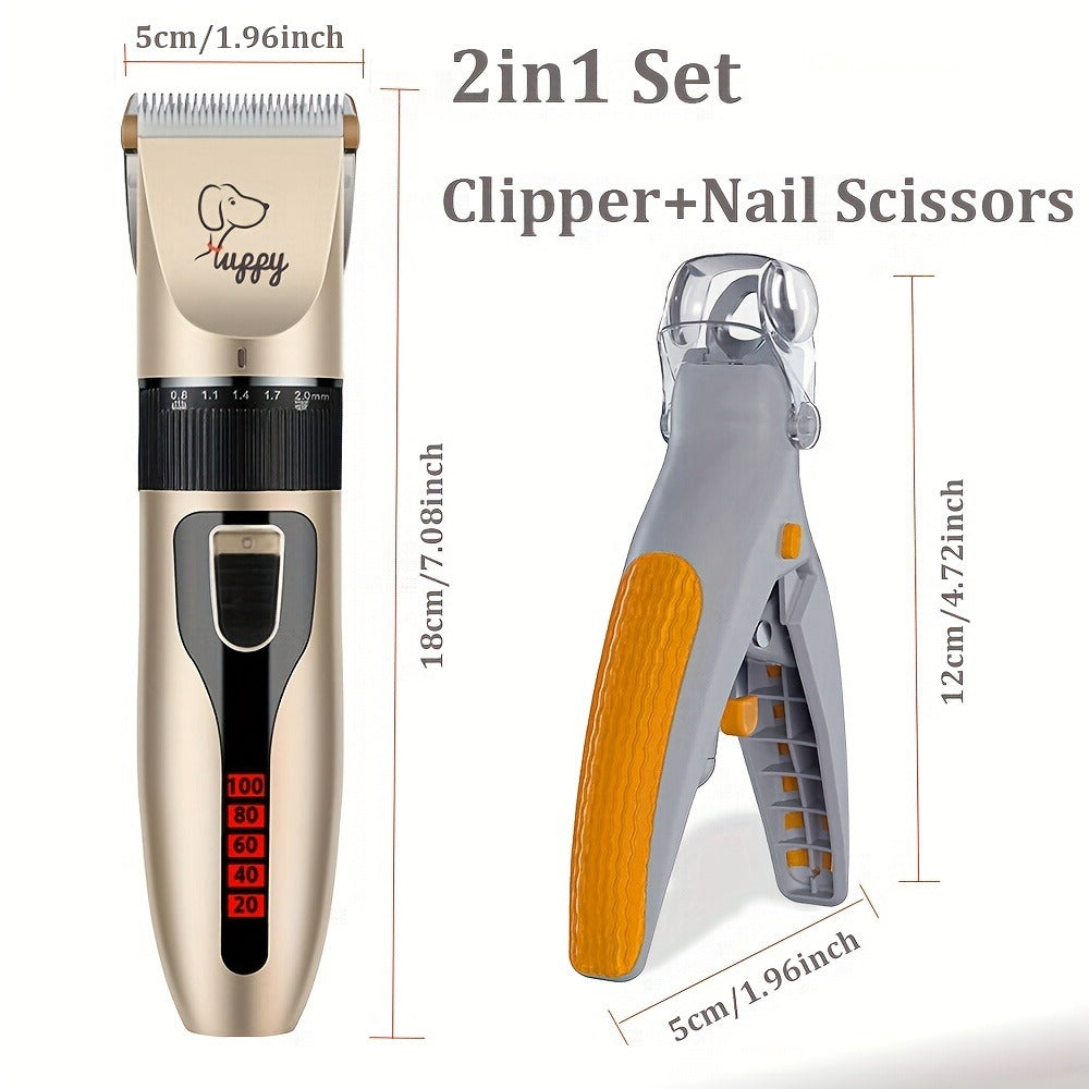 Pet Hair Trimmer Kit 2-in-1 with LED Nail Clipper – 12-in-1 Cordless Quiet Electric Clippers for Dogs & Cats, USB Rechargeable, 5 Guide Combs, Ergonomic Non-Slip Handle, Home & Salon Use