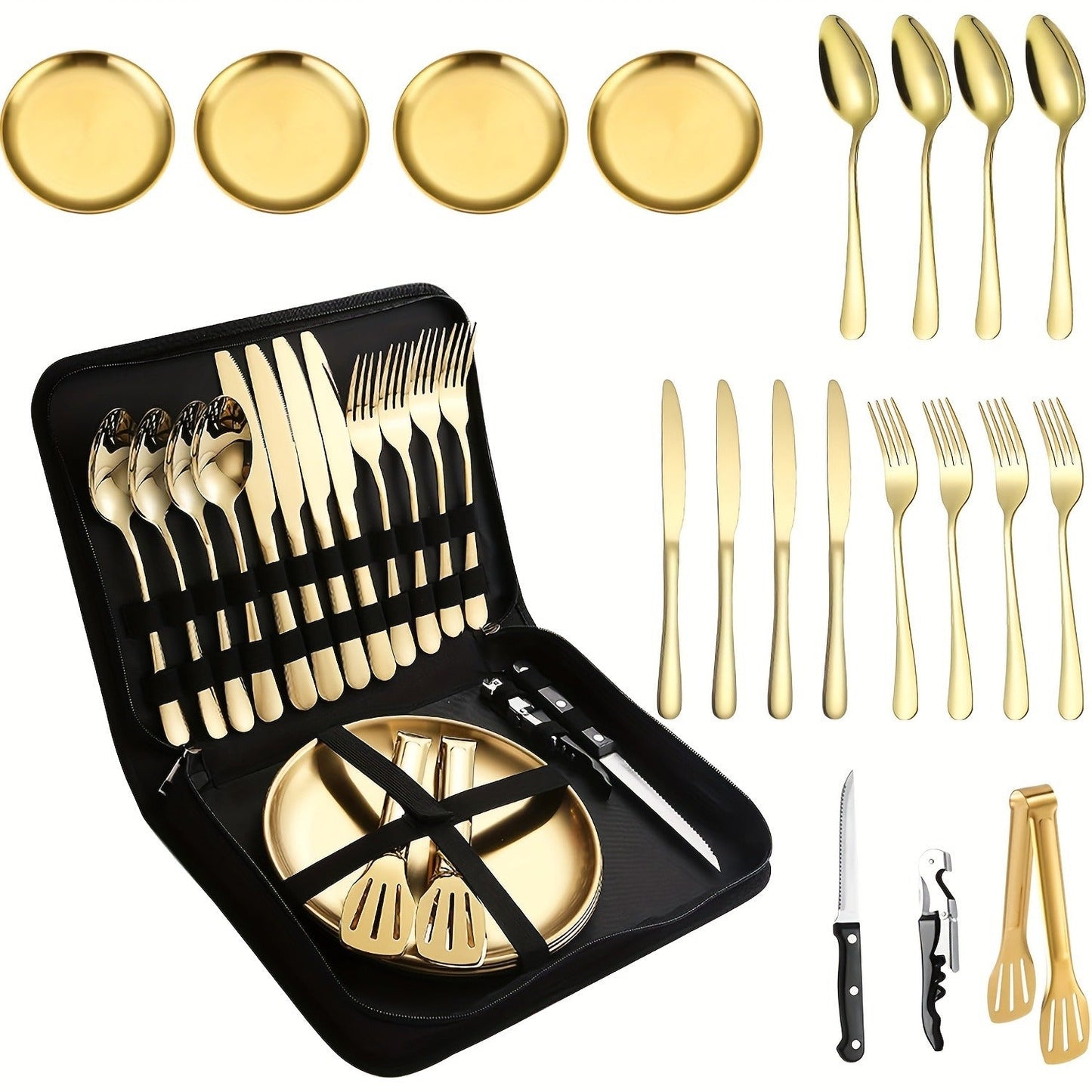 Camping Flatware Set for 4 People 20 Piece, Portable Picnic Tableware Kit with Plates Forks Spoons Knives Bottle Opener Food Tongs, Reusable Outdoor Silverware Set with Zipper Bag for Camping Hiking Travel