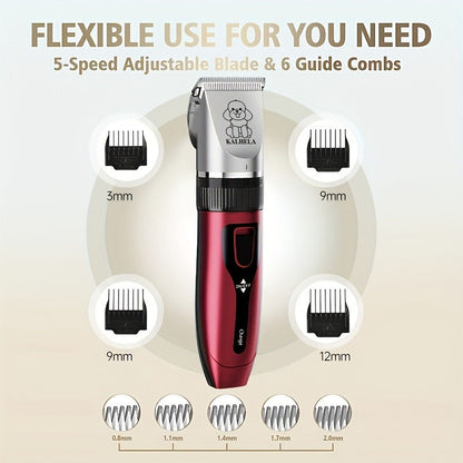 Pet Grooming Clippers Rechargeable with LED Display - Cordless Electric Dog Cat Hair Clipper, Detachable Blades 4 Guide Combs Low Noise, Professional Wireless Pet Trimmer with Accessories, Red