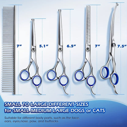 Dog Grooming Scissors Set 6-in-1 Titanium Coated Stainless Steel Pet Shears Safety Round Tip for Dogs Cats Universal Hand Orientation Professional
