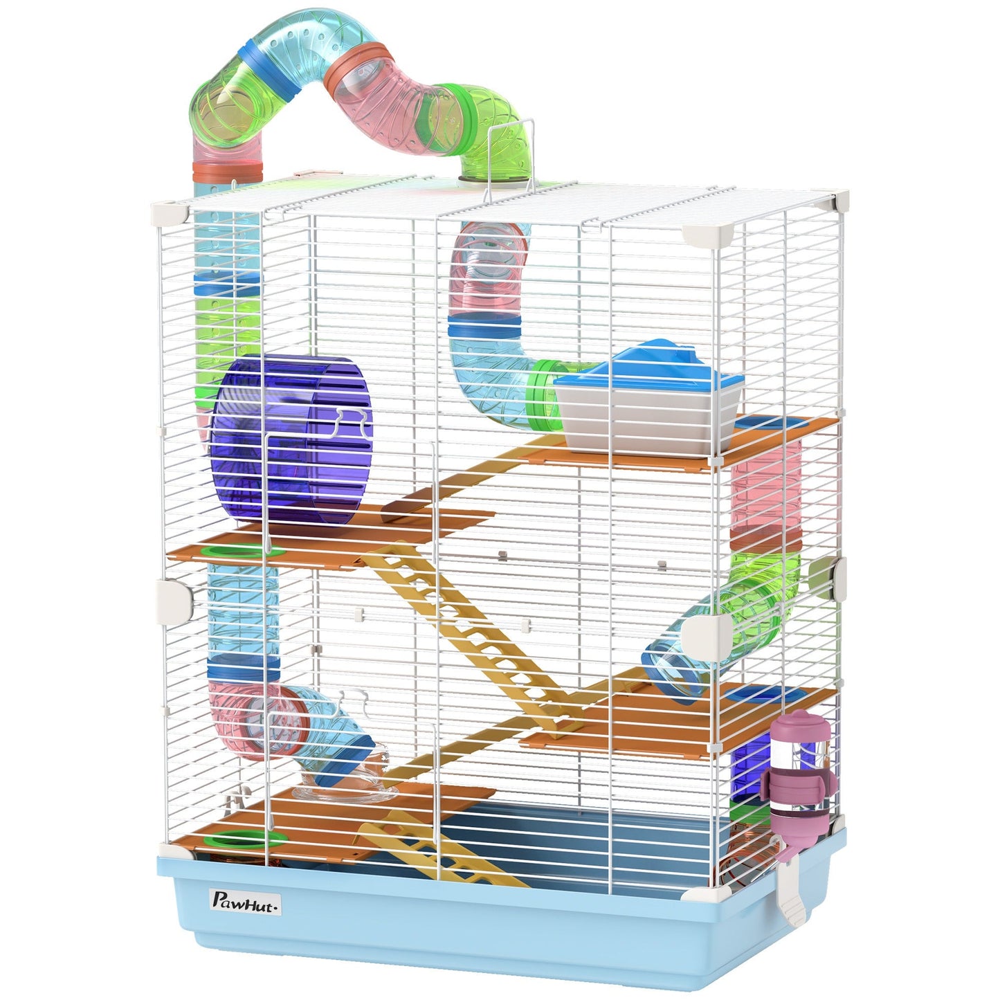 Hamster Cage 5 Tier Portable Small Animal Travel Carrier with Exercise Wheel Tubes Habitat Enclosure for Hamsters Gerbils Mice, Light Blue