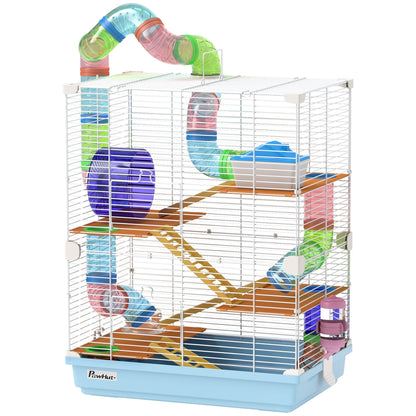 Hamster Cage 5 Tier Portable Small Animal Travel Carrier with Exercise Wheel Tubes Habitat Enclosure for Hamsters Gerbils Mice, Light Blue