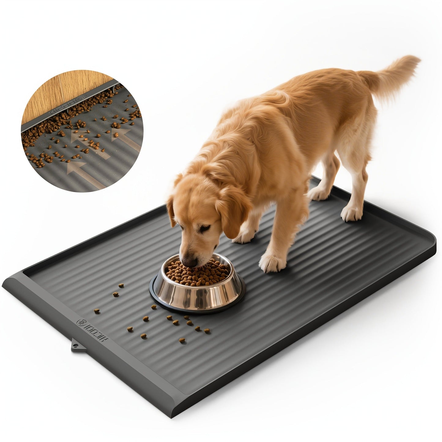Waterproof Pet Feeding Mat 36"x24" Non-Slip Dog Bowl Mat with Raised Edges & Diversion Grooves - Large Food and Water Mat for Dogs & Cats, Easy-Clean Floor Protector, Grey