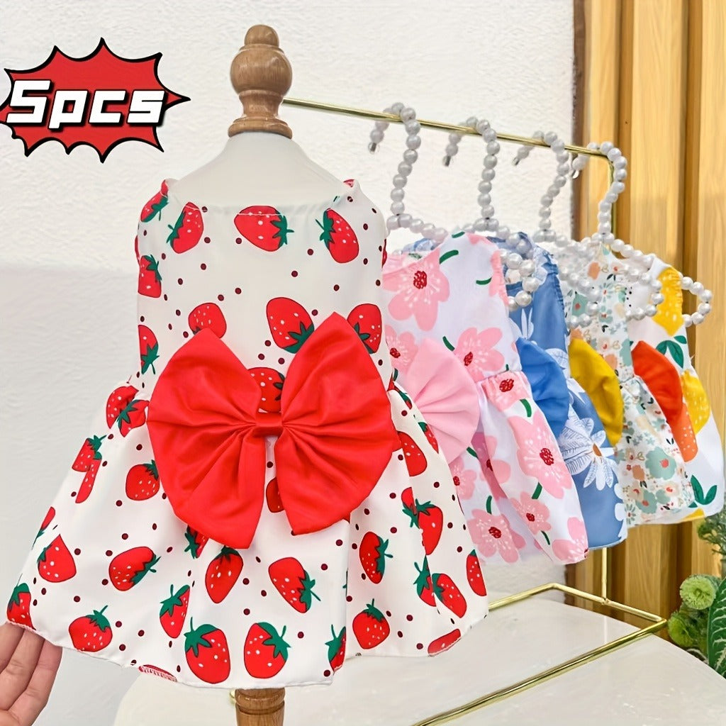 Dog Dress Floral Princess Bow - Cute Puppy Summer Dress for Small Dogs & Cats, Pink & Red Pet Dog Skirt with Bow Decoration, Summer Costume for Yorkshire Chihuahua Small Pets XS to XXL